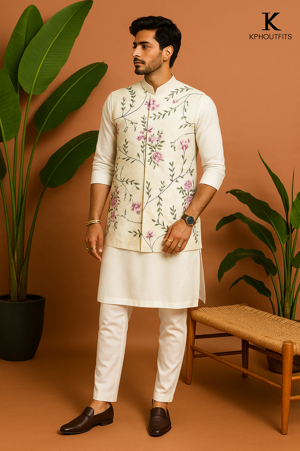 Men's Exclusive Ivory Multi-Colour Embellished Long Jacket - KPH Outfits