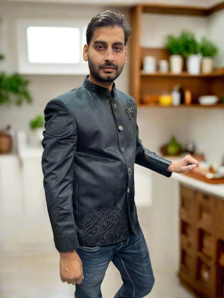 Men's Black Velvet Jodhpuri Set with Handcrafted Lion Embroidery – Exclusive Wedding Wear By KPH Outfits