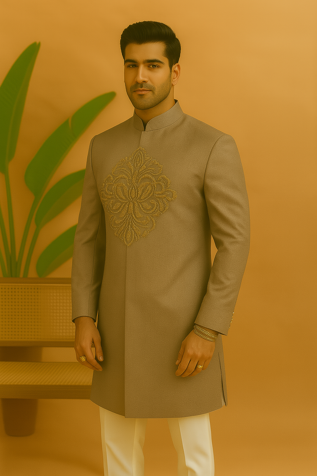 A photograph of a man in a stylish Indo-Western suit, highlighting the quality of the Japanese fabric and the unique design.

