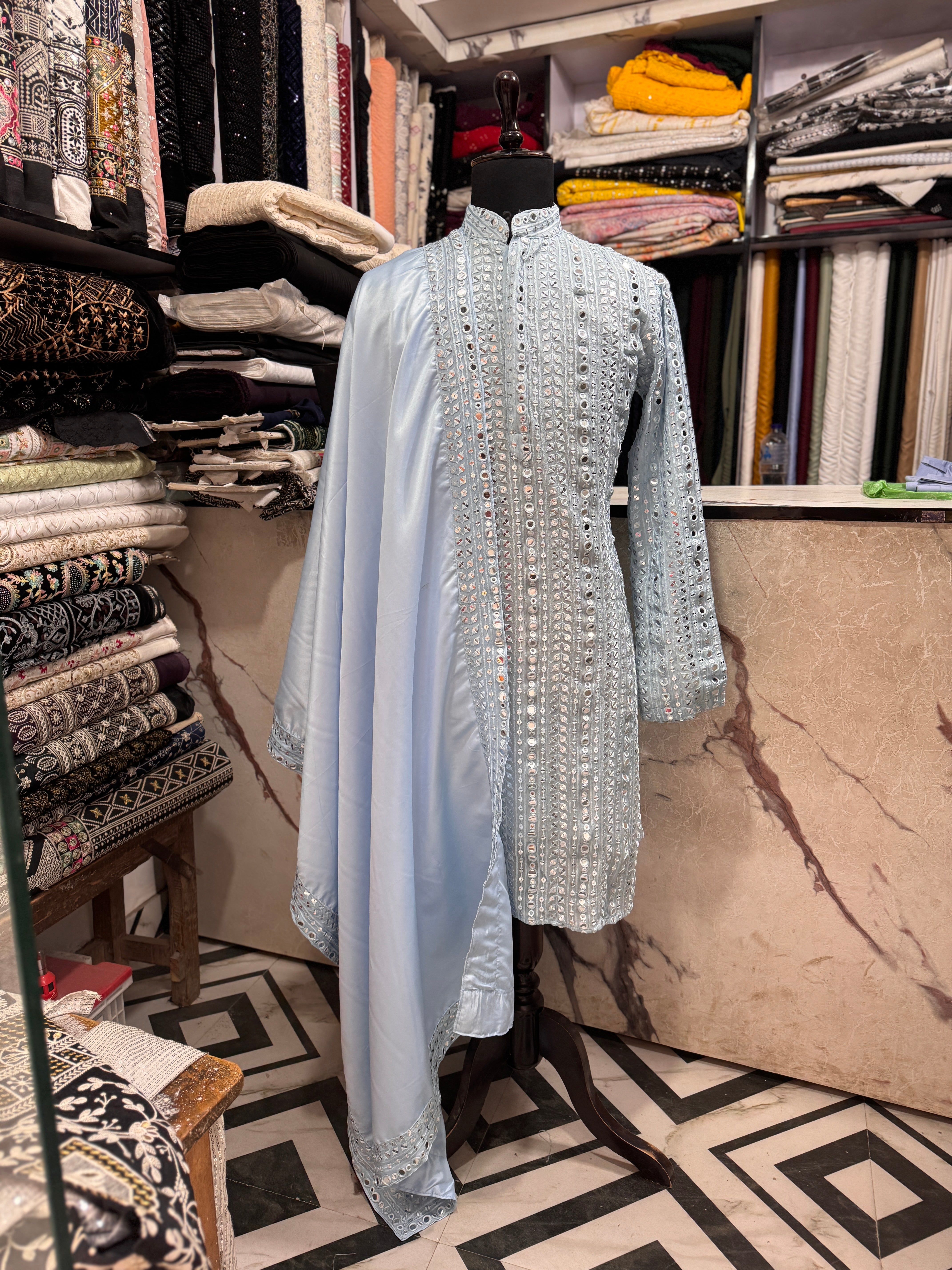 Sky Blue Mirror Designer Stylish Kurta Set