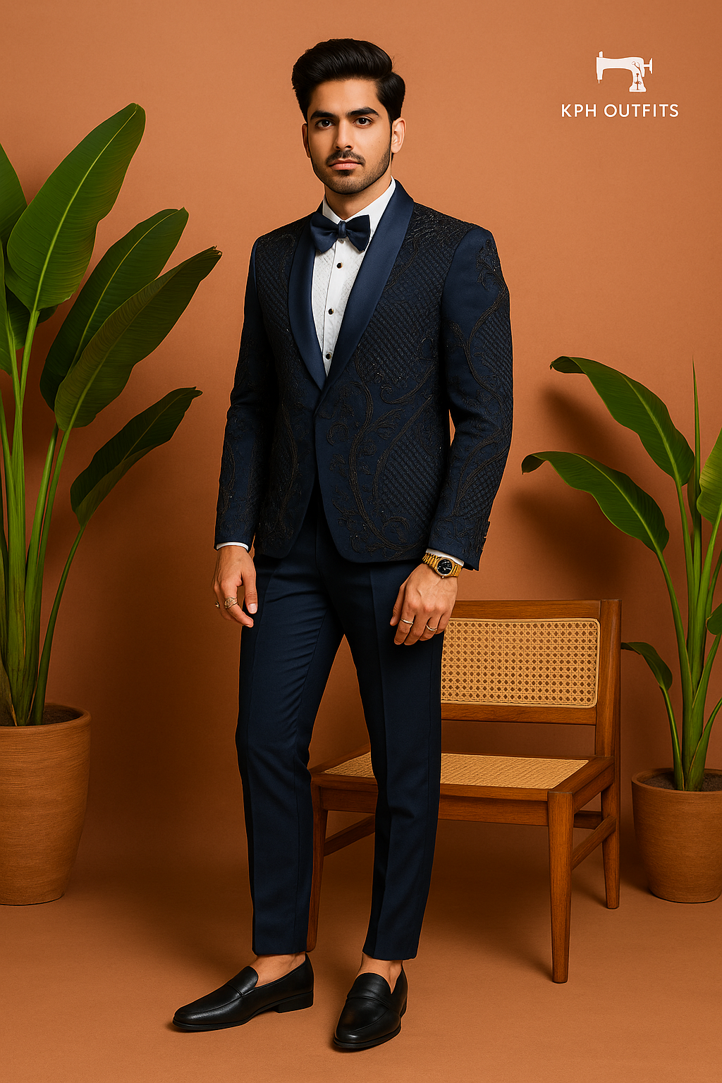 Men's Exclusive Navy Blue Handcrafted Cut Work Stylish Tuxedo Suit – Luxury Formal Wear by KPH Outfits