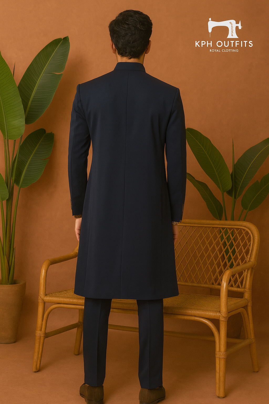 A photograph of a man in a stylish sherwani, highlighting the quality of the Japanese fabric and the unique handcrafting.

