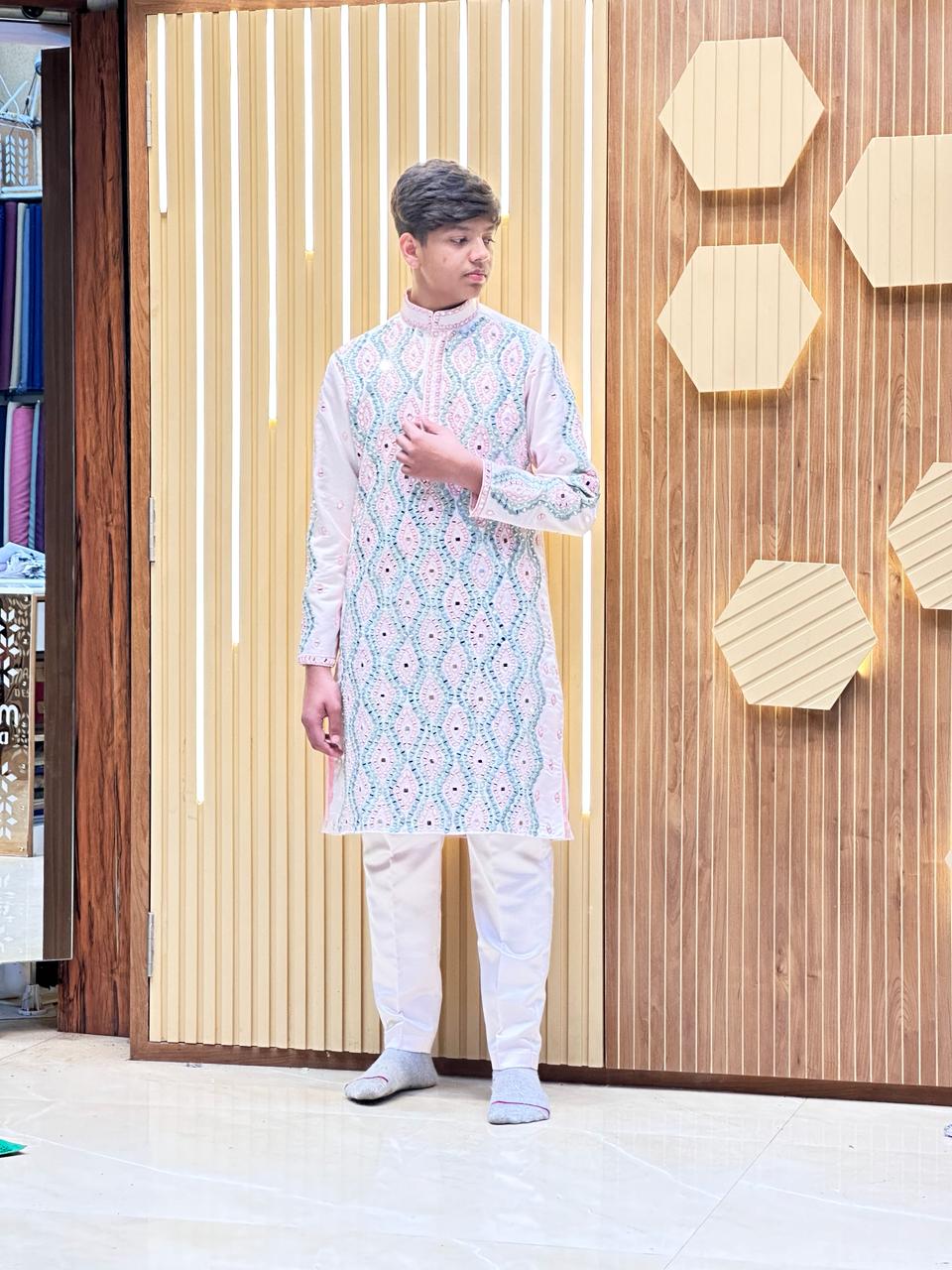 Men's Pink Real Mirror Crafted Kurta Set