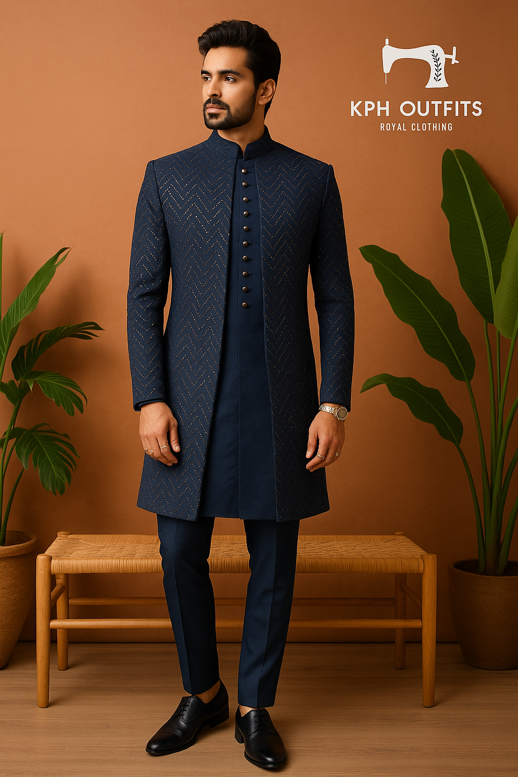 Navy Blue Mirror Style Indo-Western Set for Men – KPH Outfits