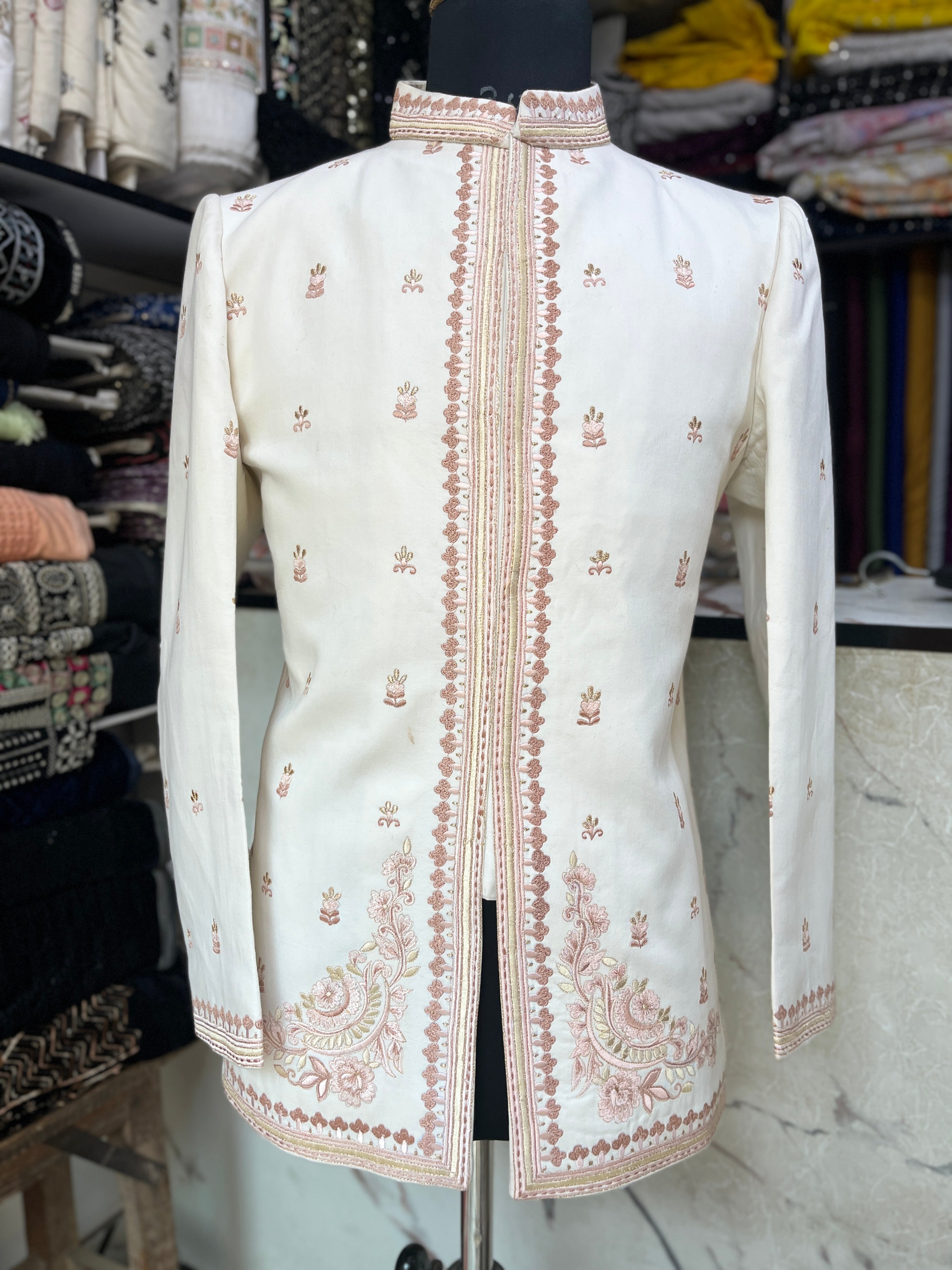 Men's Ivory Thread Embroidery Groom Bandhgala Suit