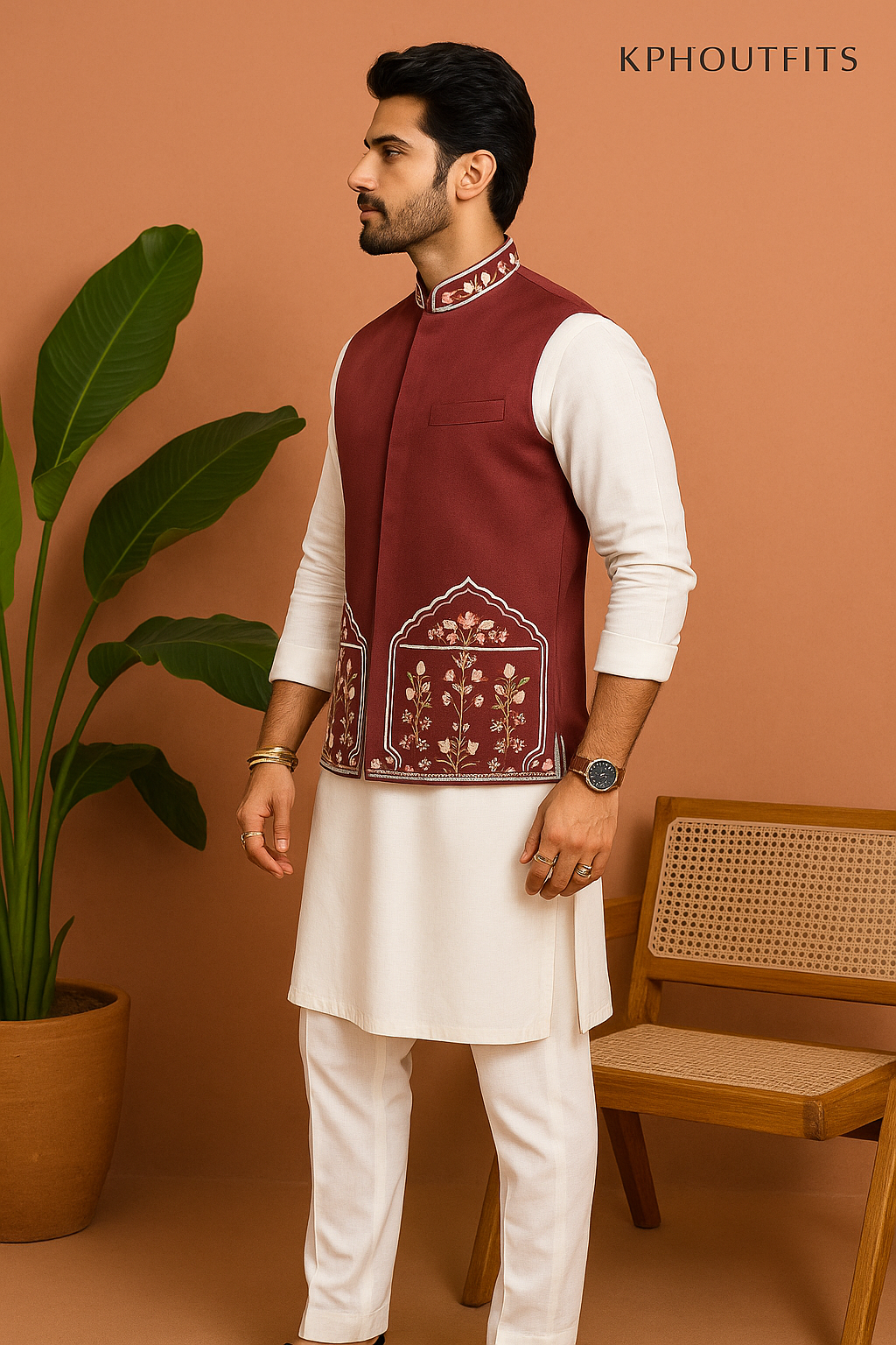 Men's Exclusive Red Maroon Velvet Embellished Nehru Jacket - KPH Outfits