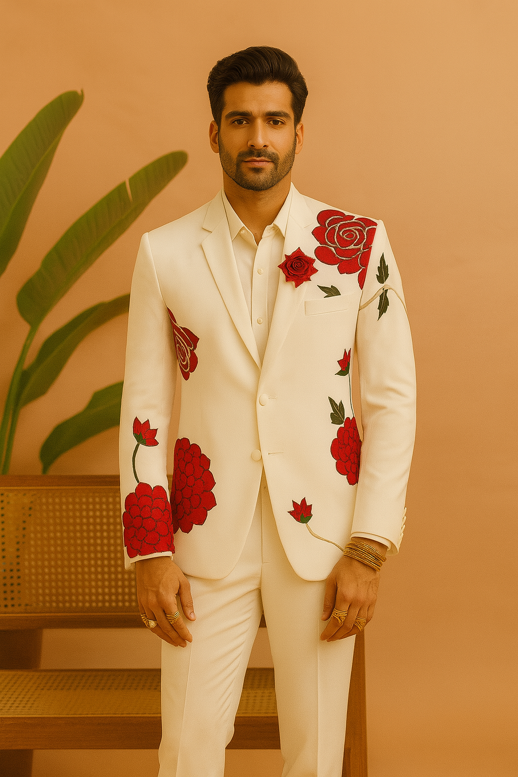 Men's Exclusive Designer Rose Embellished Stylish Tuxedo Suit