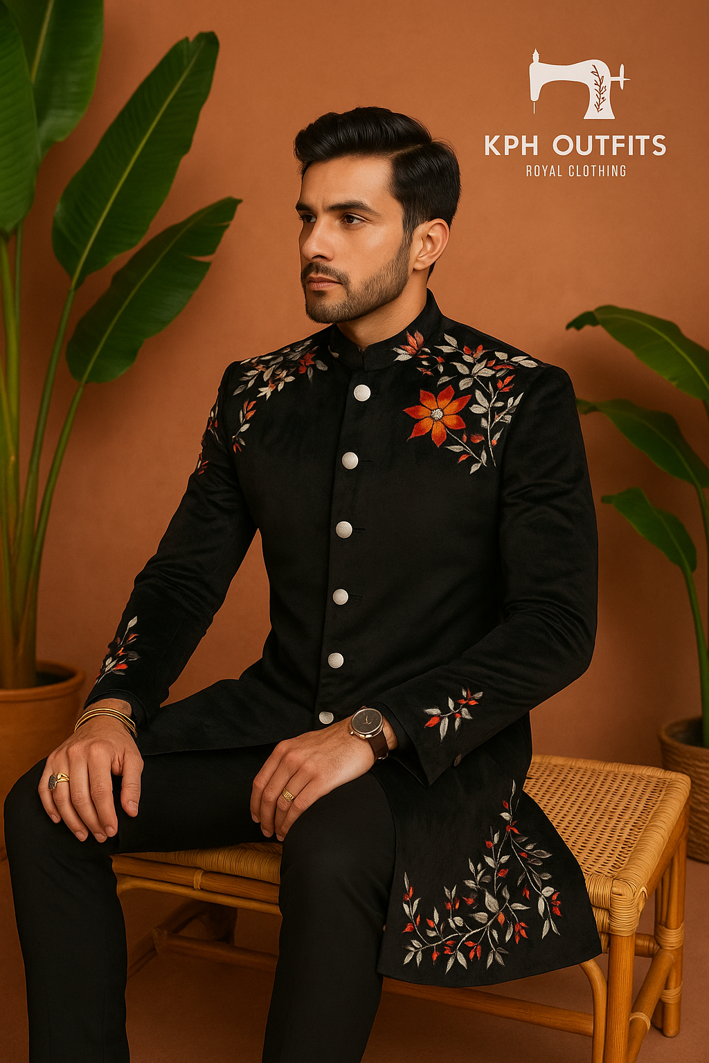 Men's Black Velvet Handcrafted Sherwani with Thread Embroidery – Timeless Groom Wear by KPH Outfits