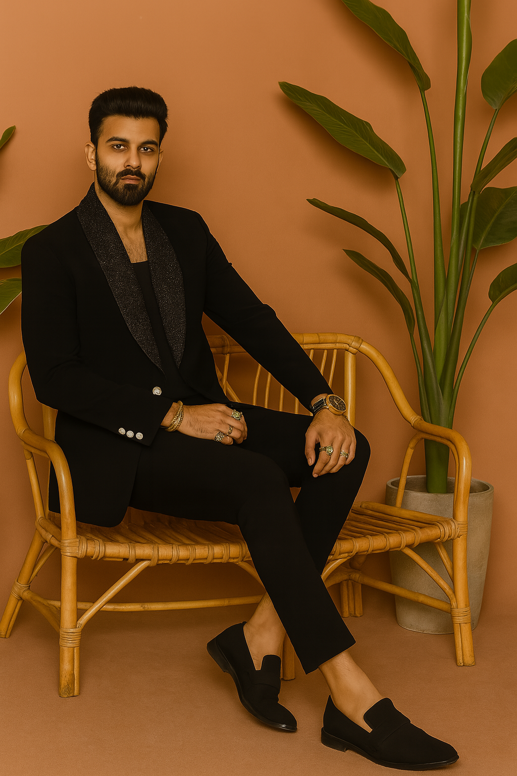 A man sitting in the black tuxedo, showcasing the fit and style from a relaxed position.

