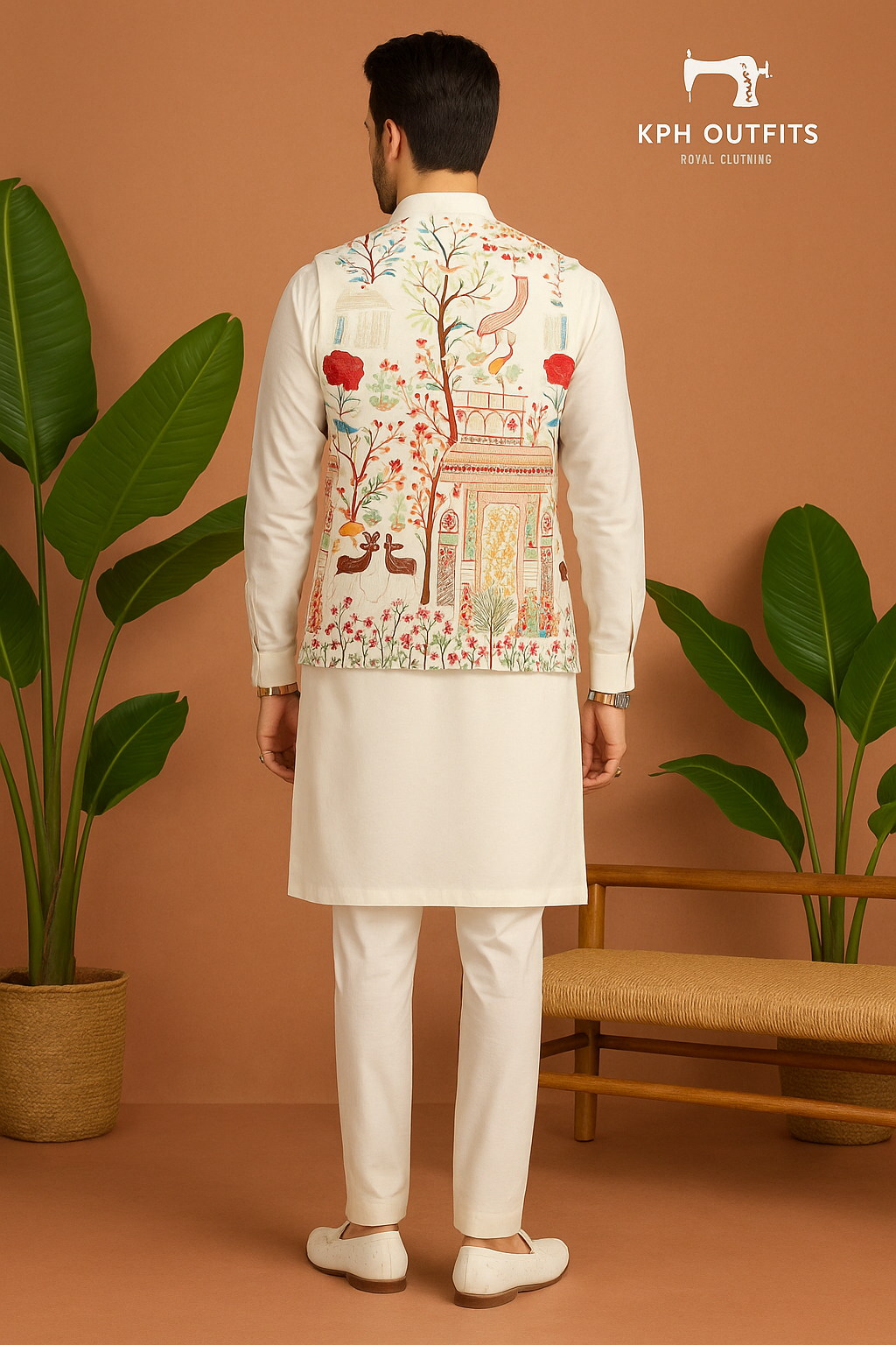 Men's Black and White Multi-Colour Thread Embroidery Nehru Jacket Set - KPH Outfits