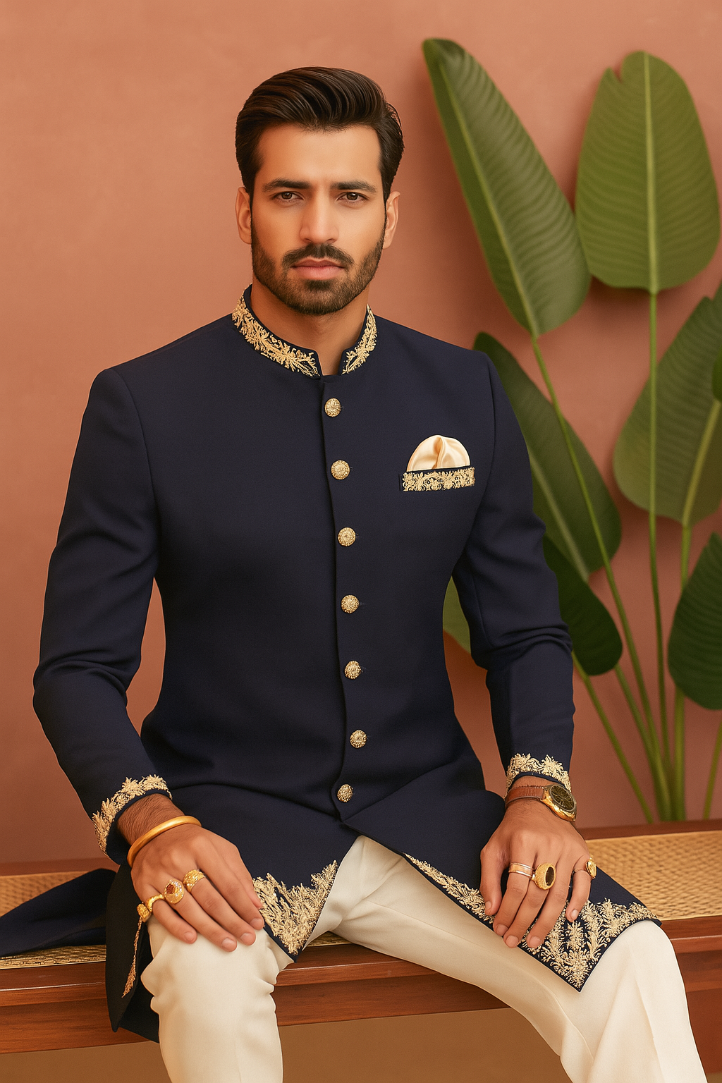 A photograph of a man in a stylish bundi set, highlighting the quality of the fabric and the unique design.


