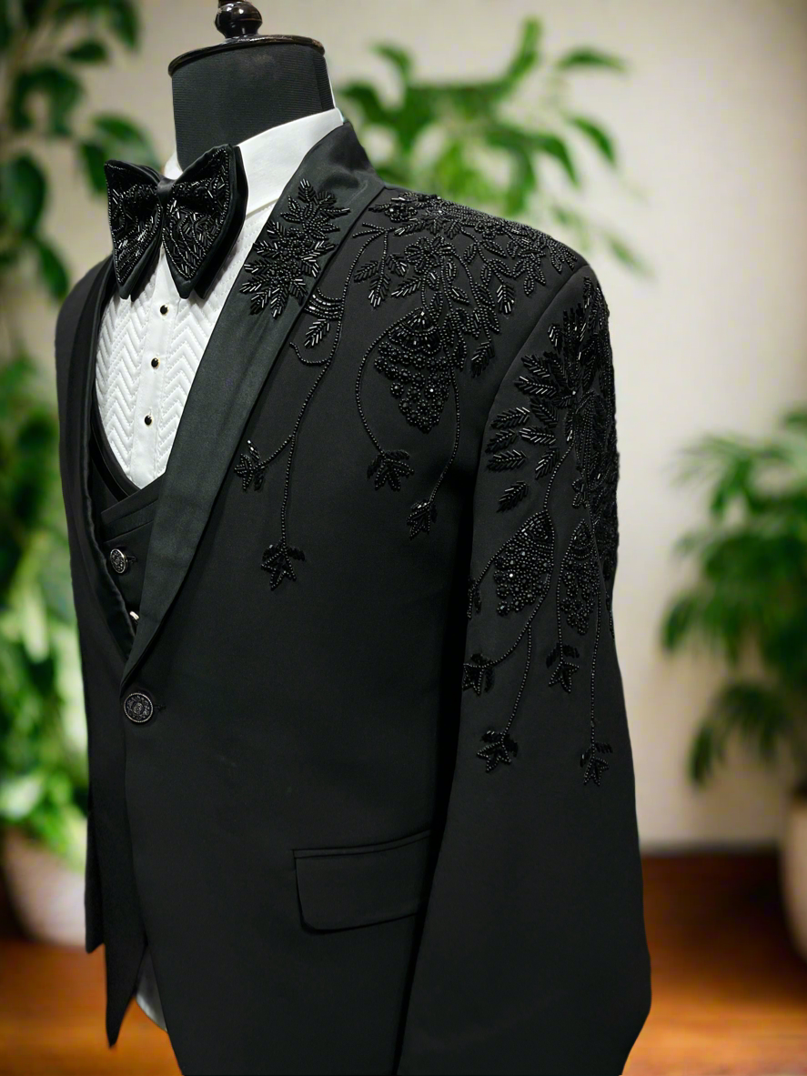 Men's Black Shawl Lapel Tuxedo with Handcrafted Embellishments By KPH Outfits