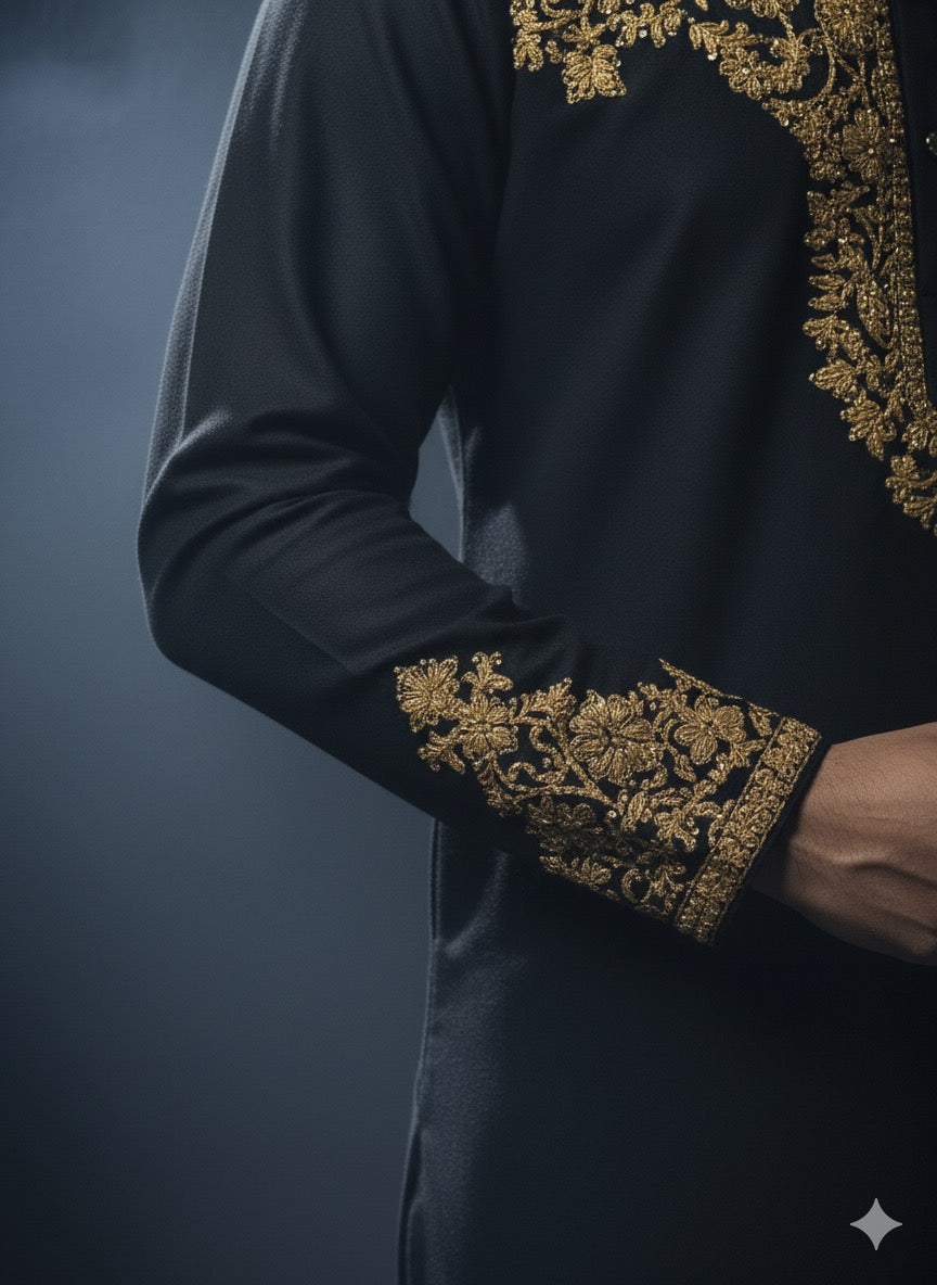 Luxury black kurta set with golden thread embroidery for weddings