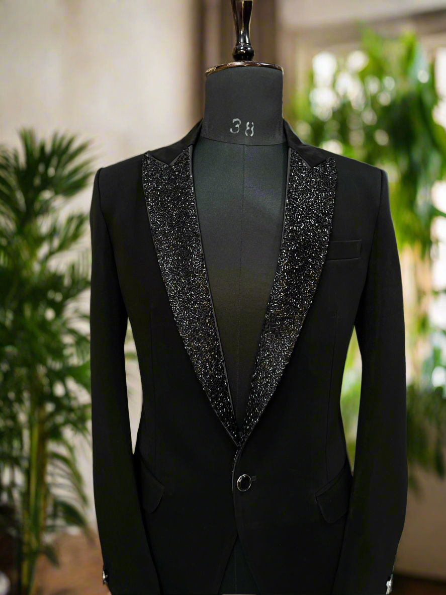 Men's Handcrafted Black Peak Lapel Tuxedo in Japanese Fabric- KPH Outfits