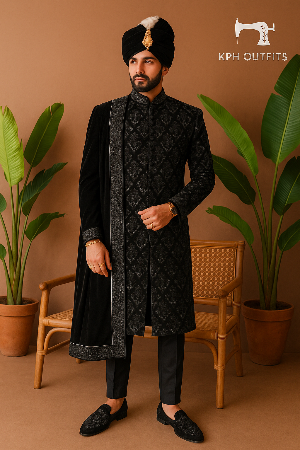 Men's Black Velvet Handcrafted Sherwani Set – Premium Designer Outfit for Weddings – KPH Outfits