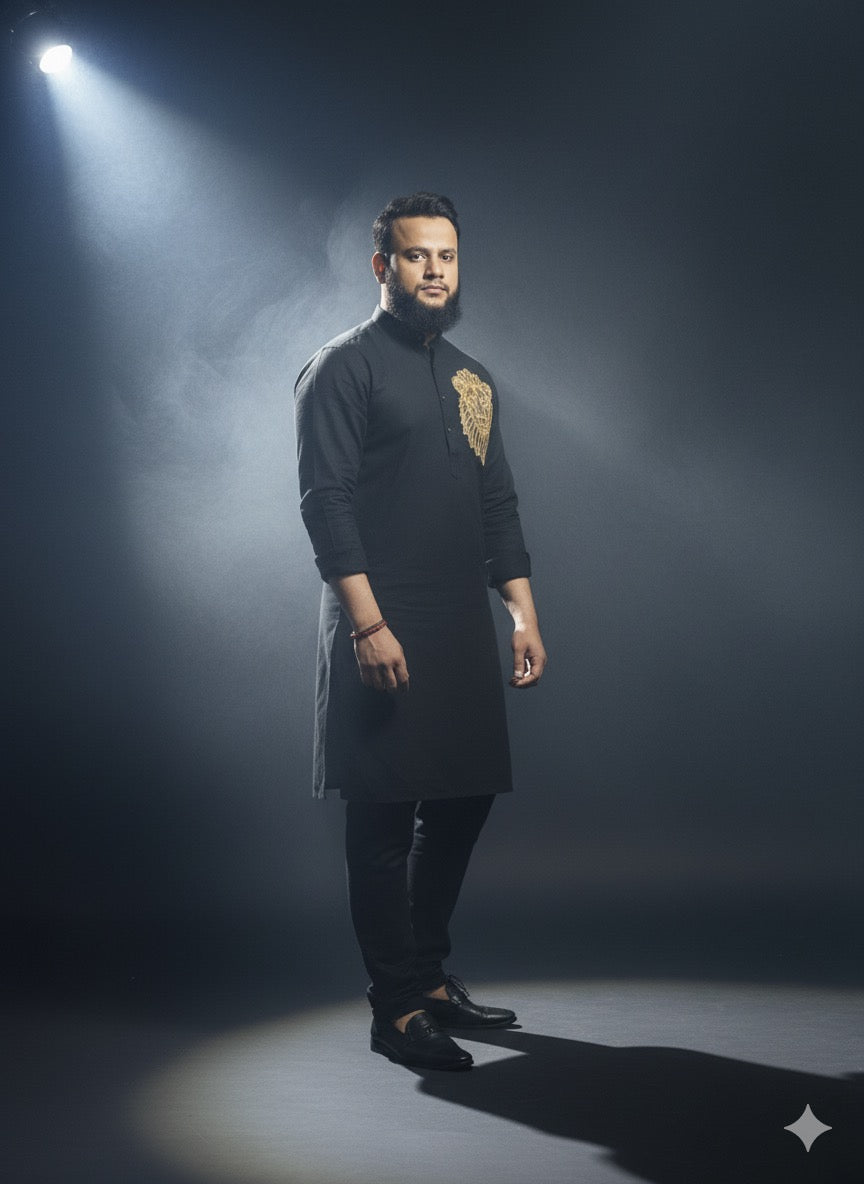 Black Embroidered Kurta Set with Golden Lion Motif - kph Outfits