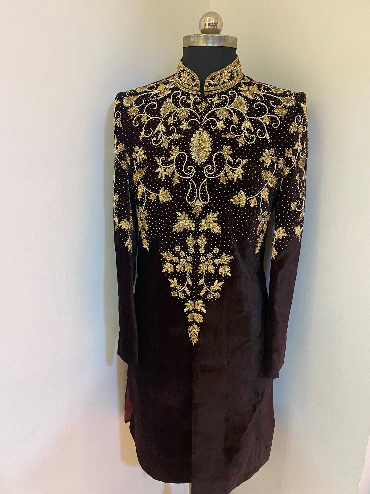 Men's Black Velvet Handcrafted Golden Work Sherwani Set