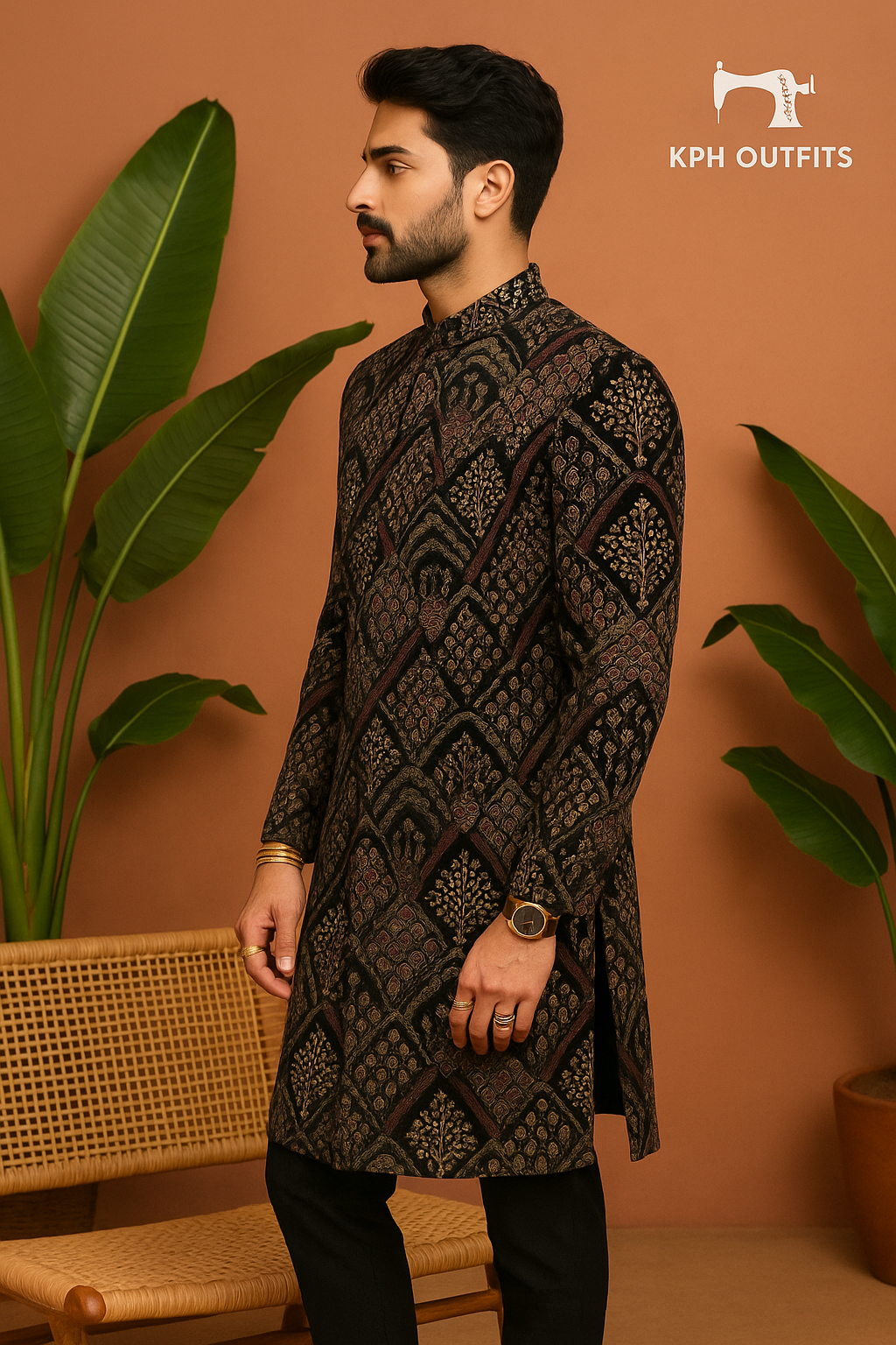 Men's Black Velvet Designer Sherwani Set – Luxurious 2-Piece Outfit for Grooms – KPH Outfits