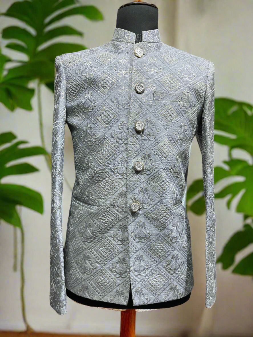 Modern Gray Jodhpuri Set with Self-Embroidery Design
