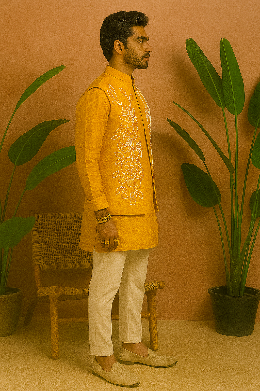 Festive groom Bundi set in mustard with intricate beadwork – KPH Outfits