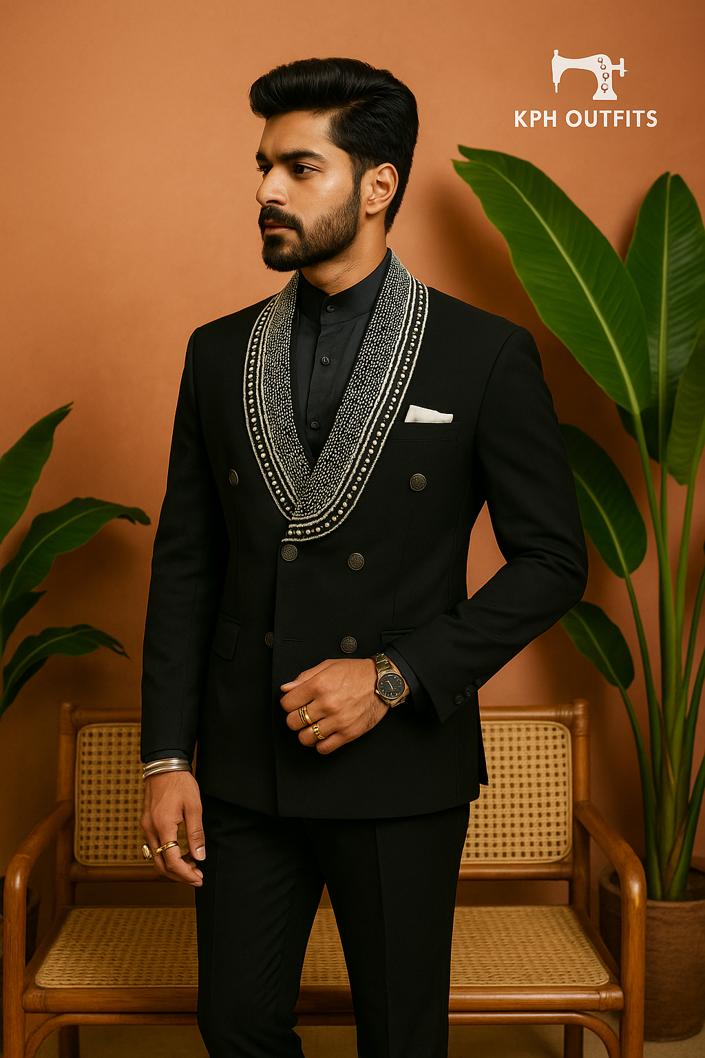 Men's Black Handcrafted Shawl Lapel Tuxedo Suit in Premium Japanese Fabric- KPH Outfits