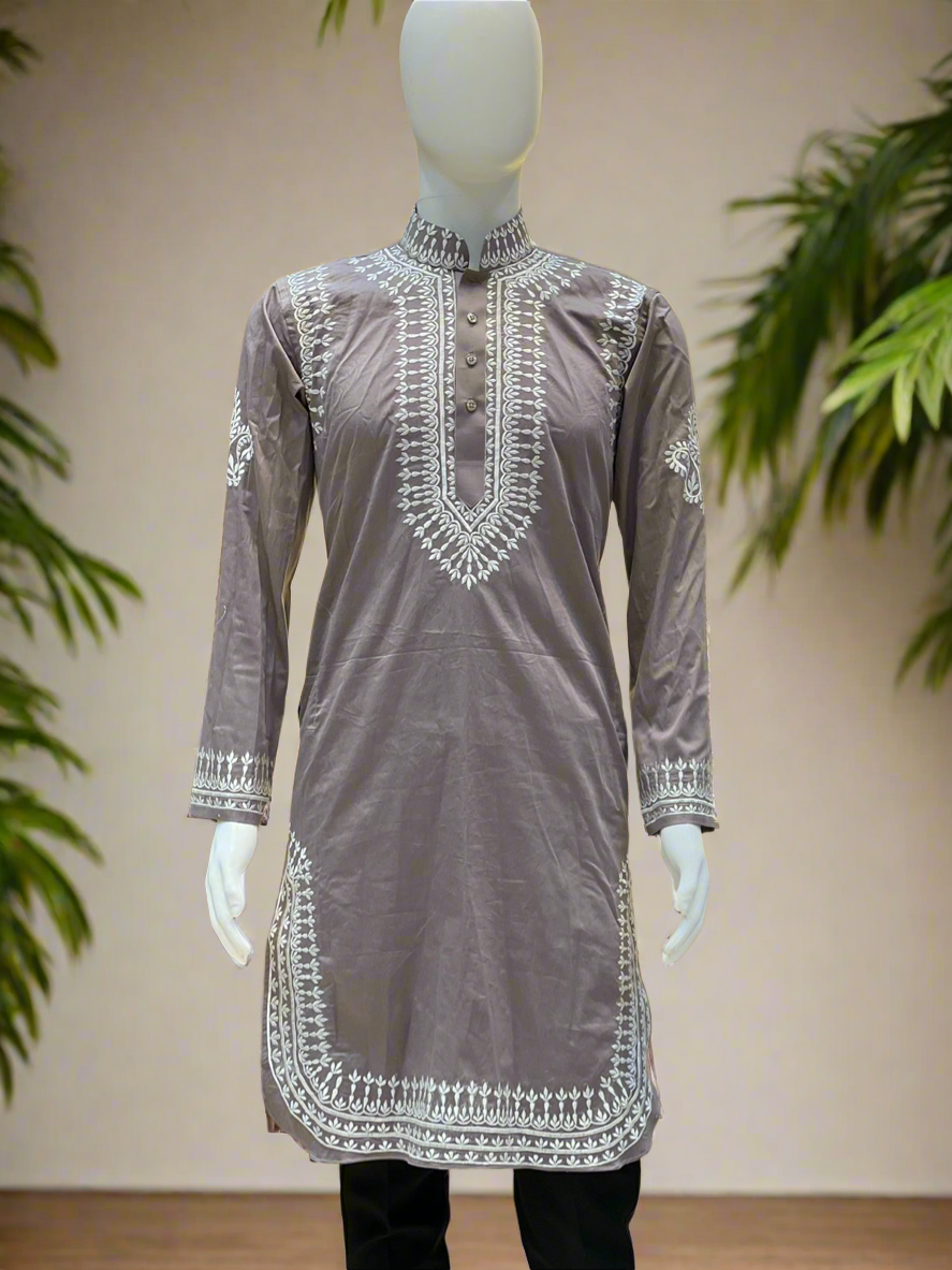 Men's dark brown embroidered kurta set with zipper pants.
