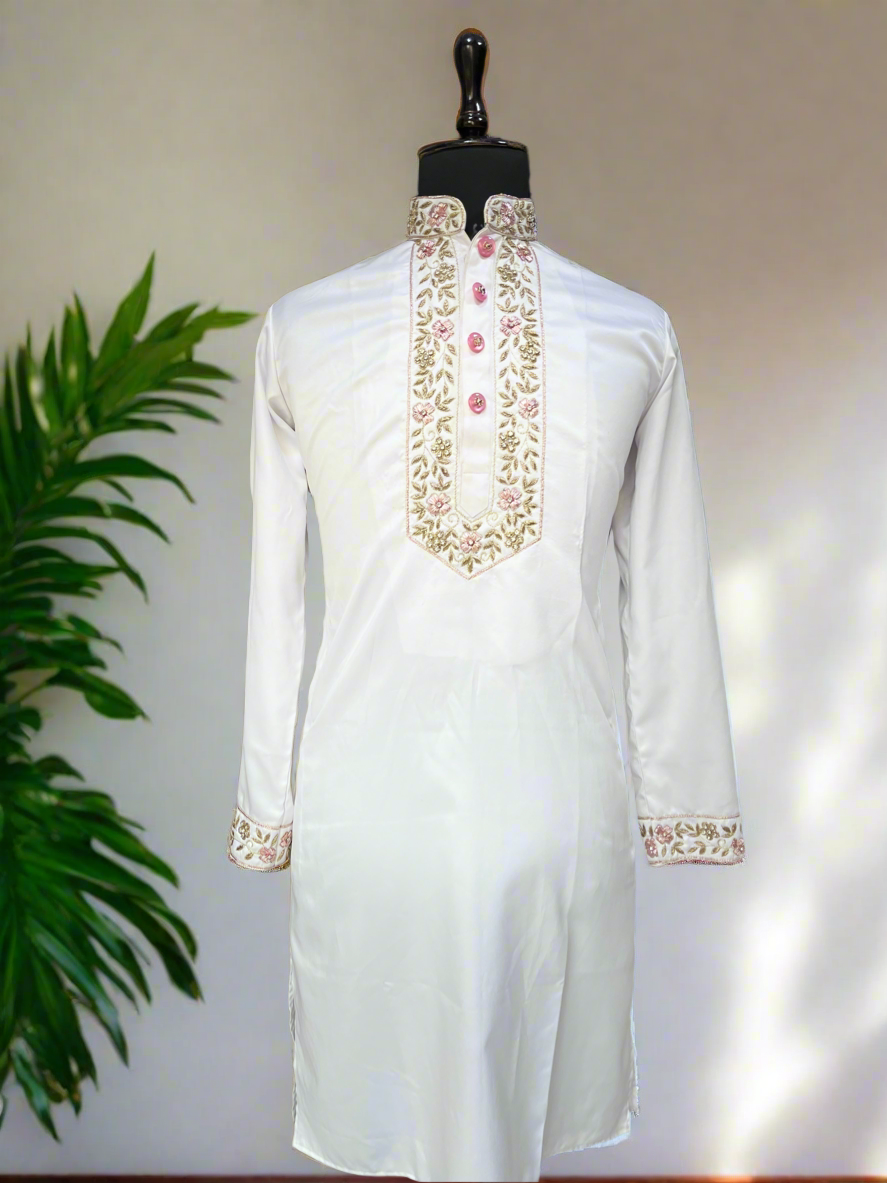 Front view of Men's White Handcrafted Zardozi Work Kurta Set - KPH Outfits