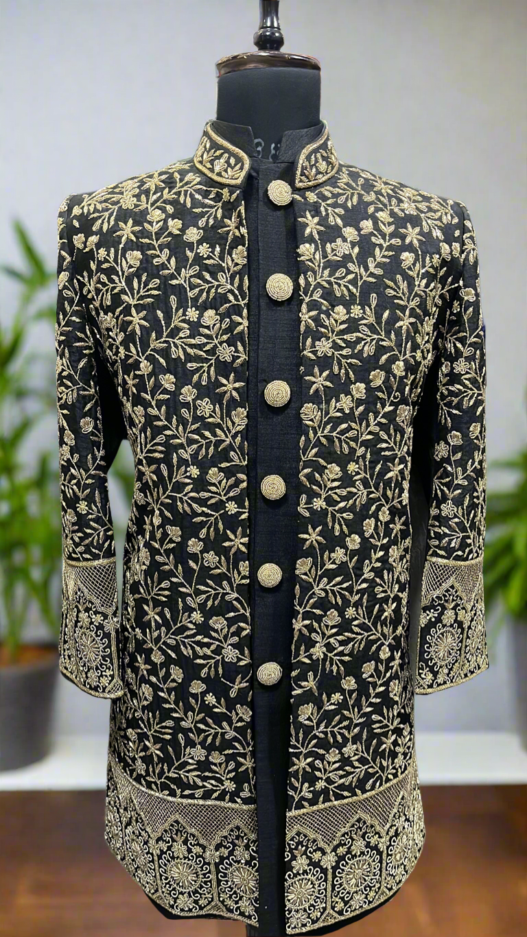 Men's Black Handcrafted Zardozi Work Silk Indo Western Set – KPH Outfits