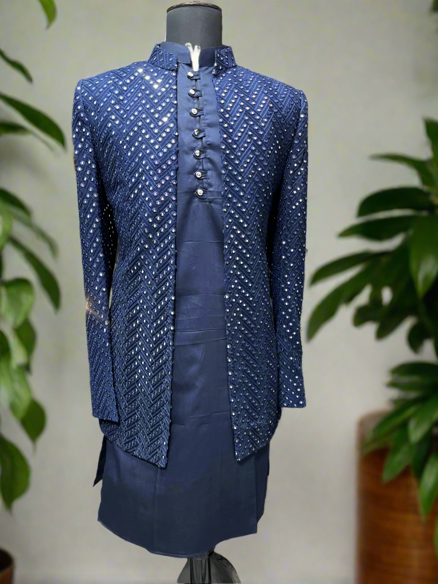 Navy Blue Mirror Style Indo-Western Set for Men – KPH Outfits