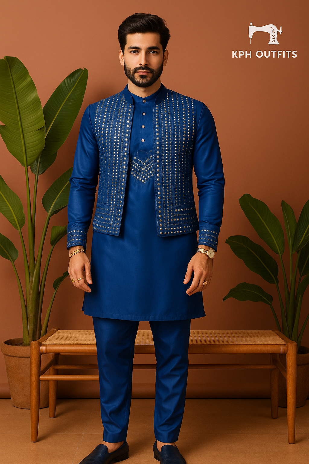 Men's Navy Blue Abhinav Mishra Inspired Real Mirror Waistcoat Set - Exclusive Elegance by KPH Outfits