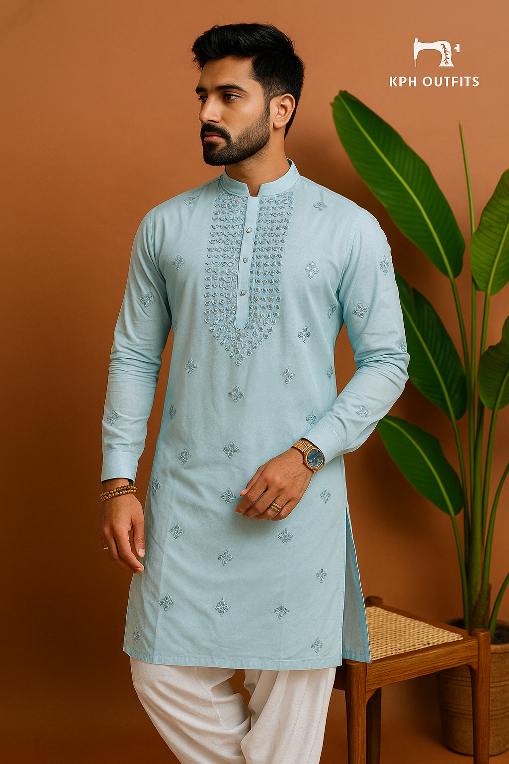 Men's Exclusive Sky Blue Real Mirror Designer Kurta Set – Elegance by KPH Outfits