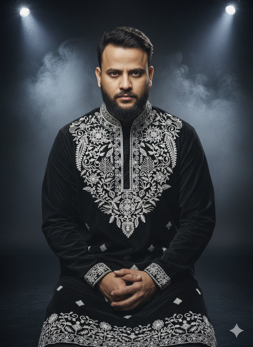 Designer black and silver kurta for men's formal events and weddings