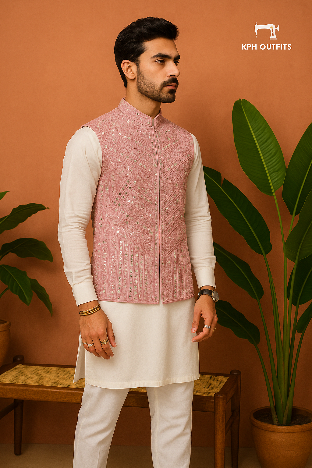 Men's Pink Bharat Reshma Inspired Real Mirror Waistcoat - Exclusive Style by KPH Outfits