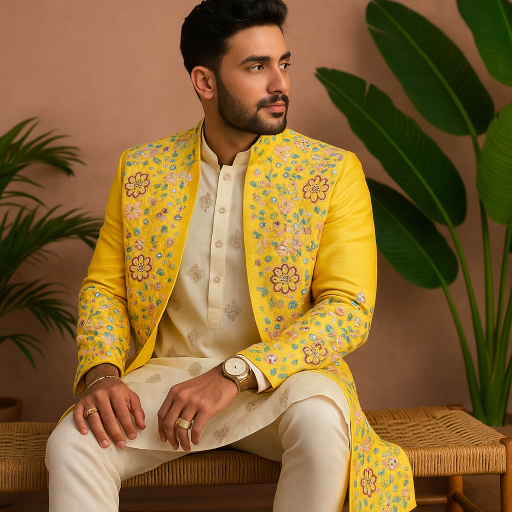 Mustard Silk Haldi Special Handcrafted Indo-Western Set for Men – Exclusive Wedding Wear by KPH Outfits