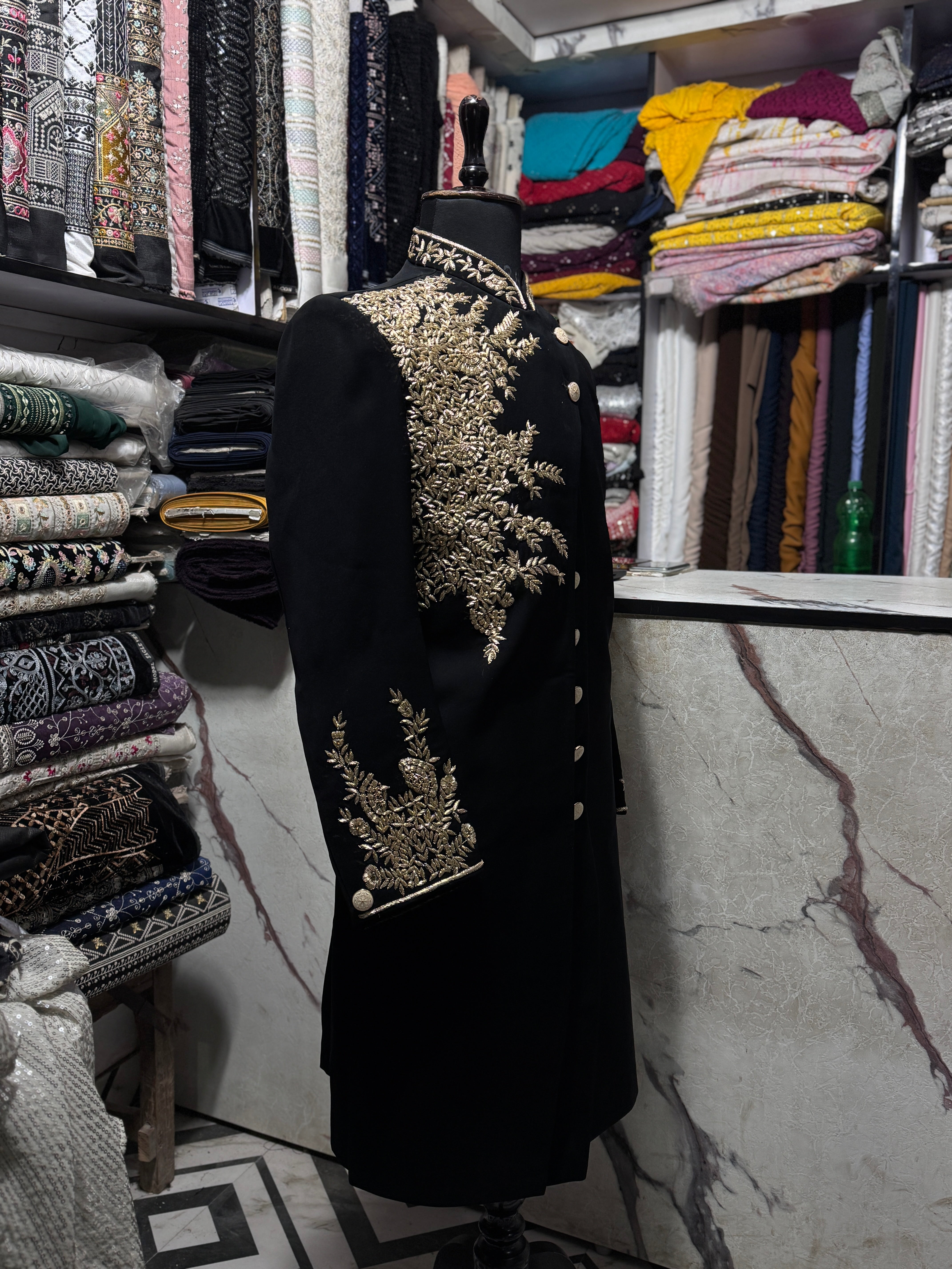 Luxury handcrafted black and gold sherwani for weddings – KPH Outfits