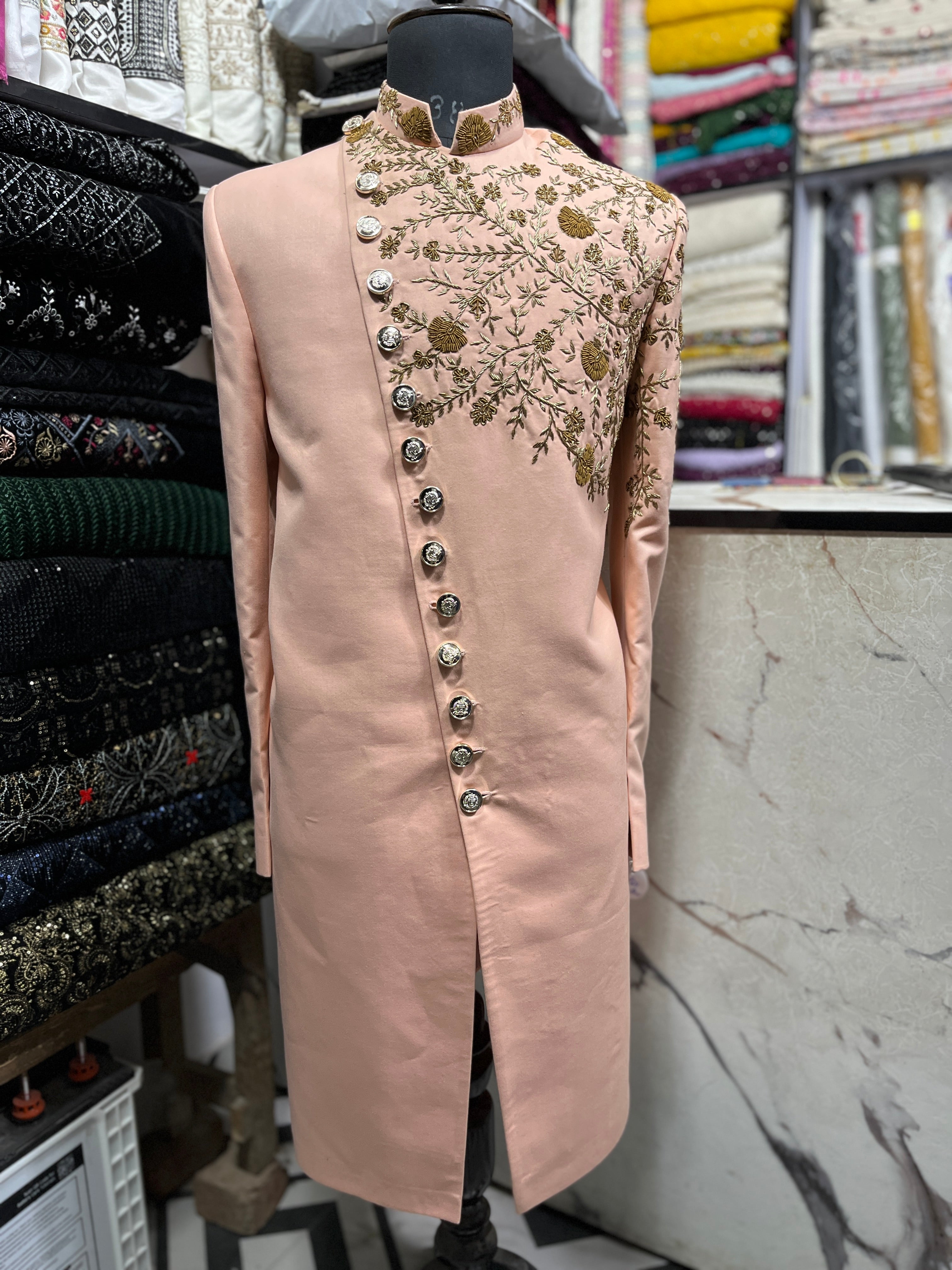 Men's Peach Handcrafted Zardozi Work Sherwani Set