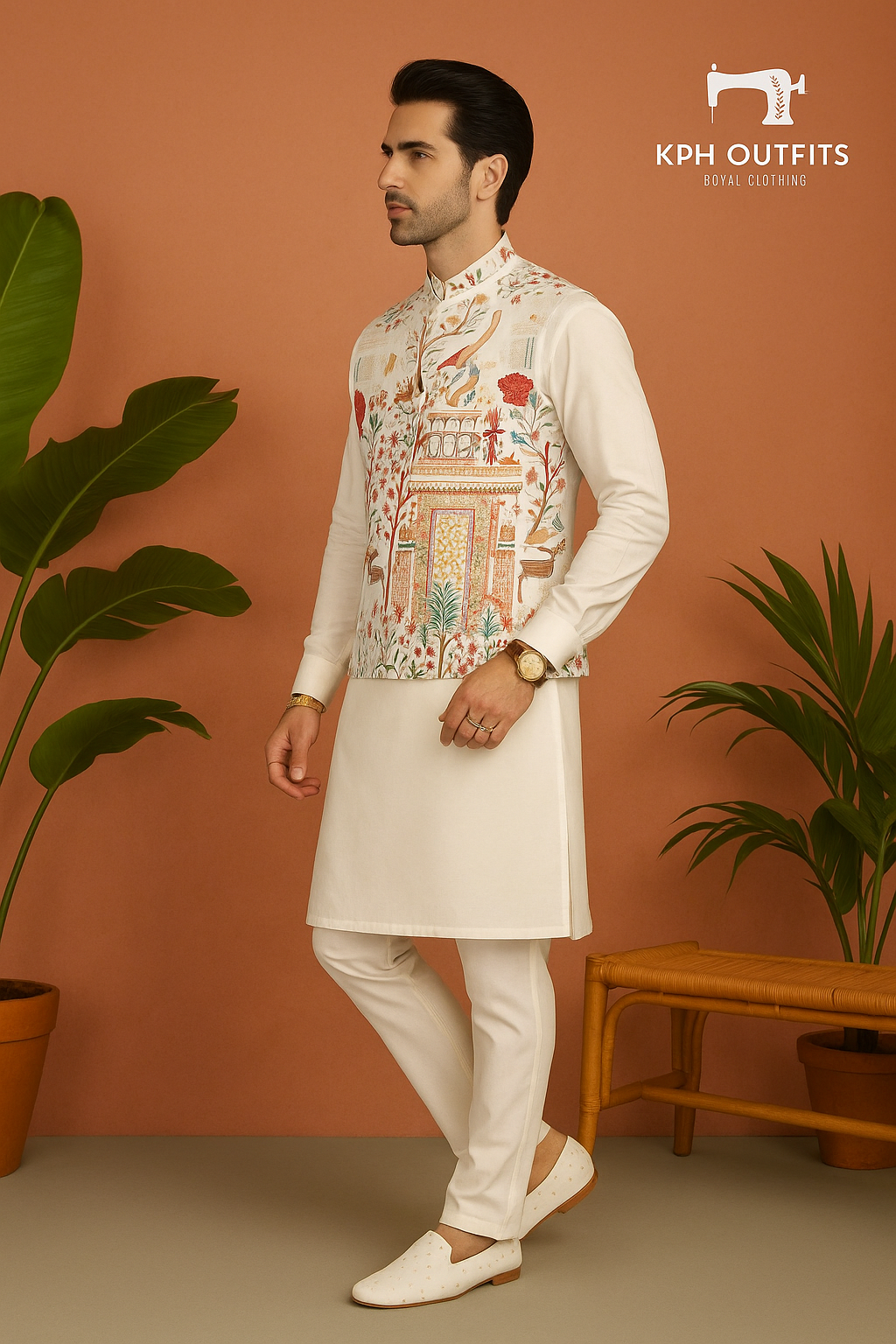 Men's Black and White Multi-Colour Thread Embroidery Nehru Jacket Set - KPH Outfits