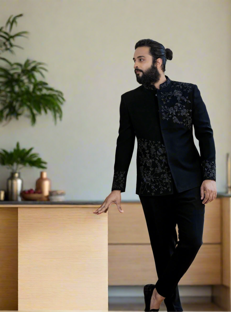 Black handcrafted Bandhgala suit with cut dana details
