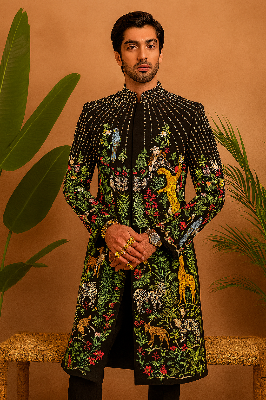 Black silk sherwani with multi-color thread embroidery – KPH Outfits
