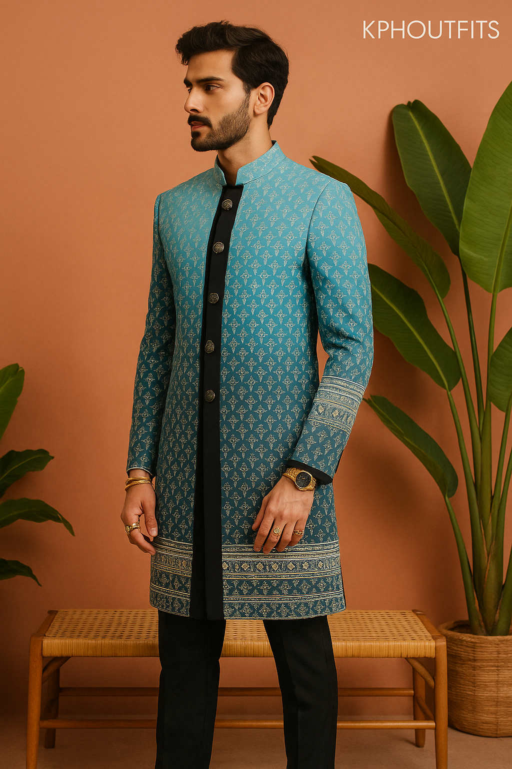 Stylish Men's Sky Blue Double Shades Indo-Western Set – KPH Outfits