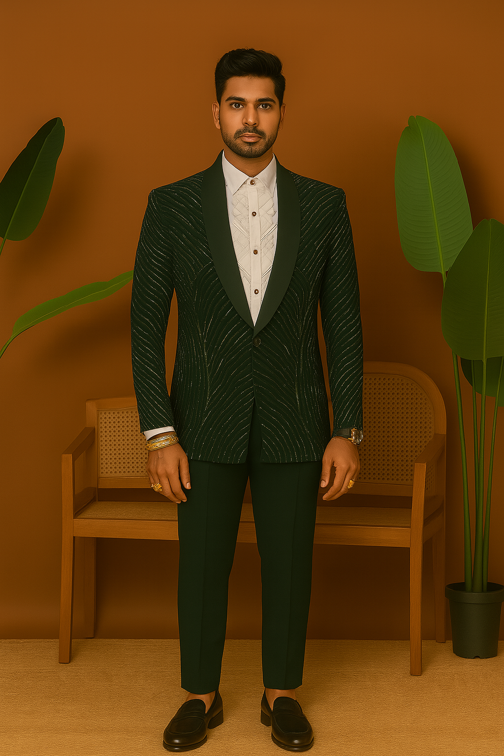 A front view of a man in a green tuxedo with an all-over crystal embellished design, posing elegantly.

