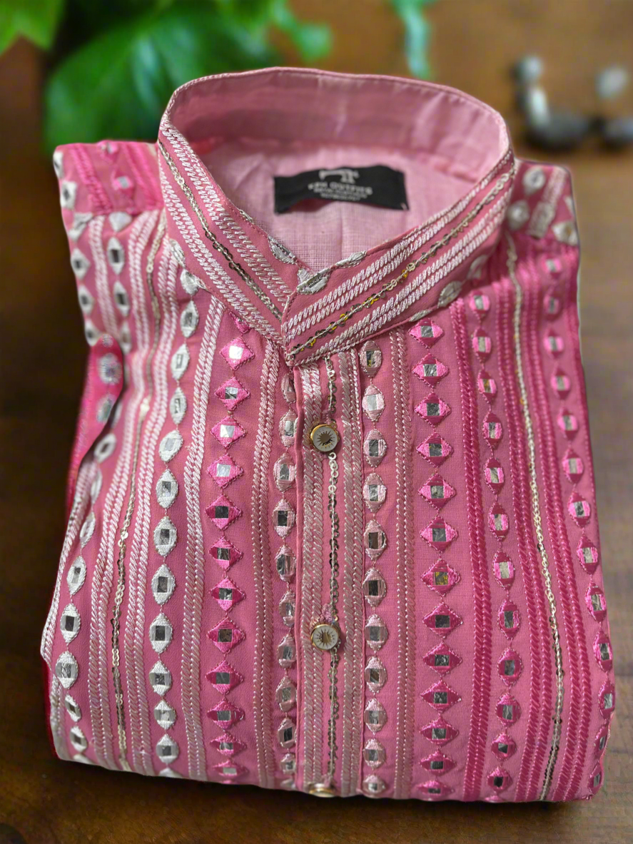 Close-up of Mirror Work on Pink Men's Ethnic Kurta - KPH Outfits