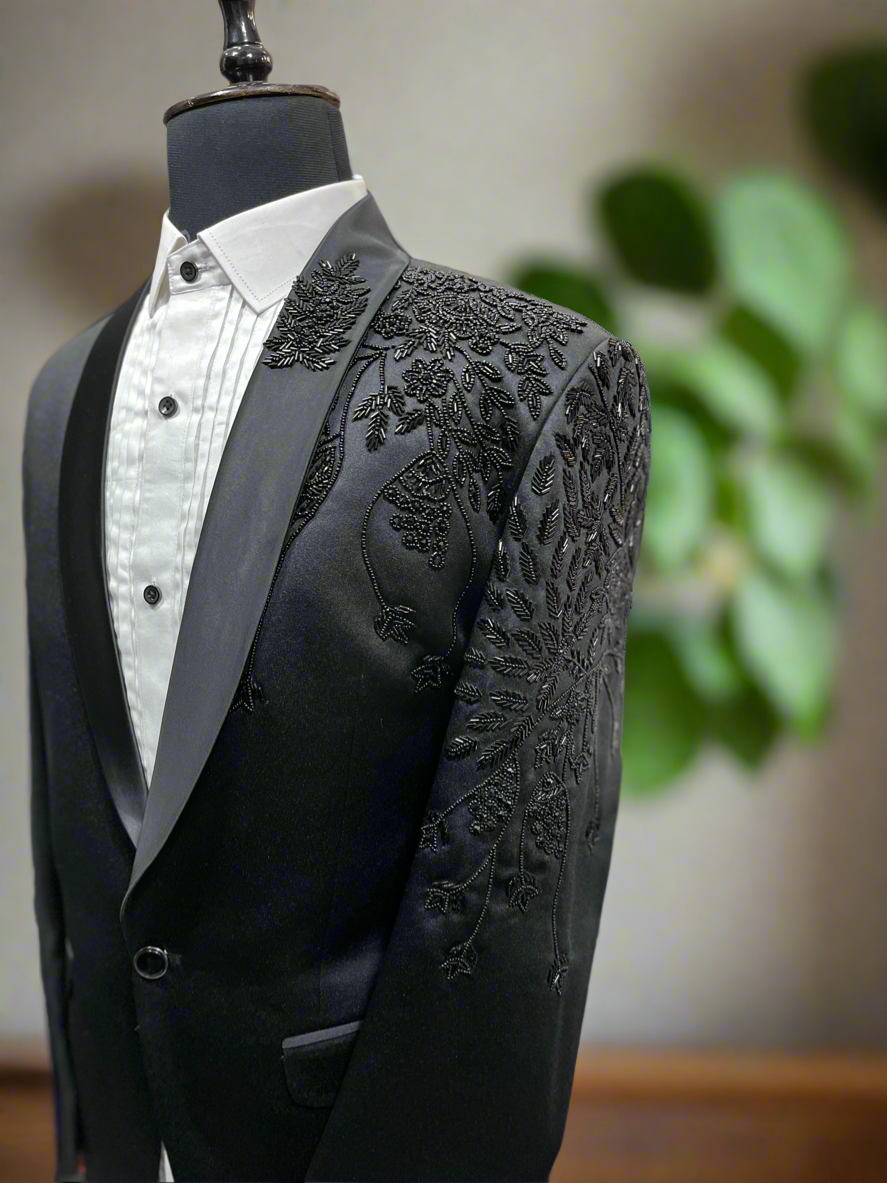 Men's Handcrafted Black Shawl Lapel Tuxedo in Donear Fabric - KPH OutFits