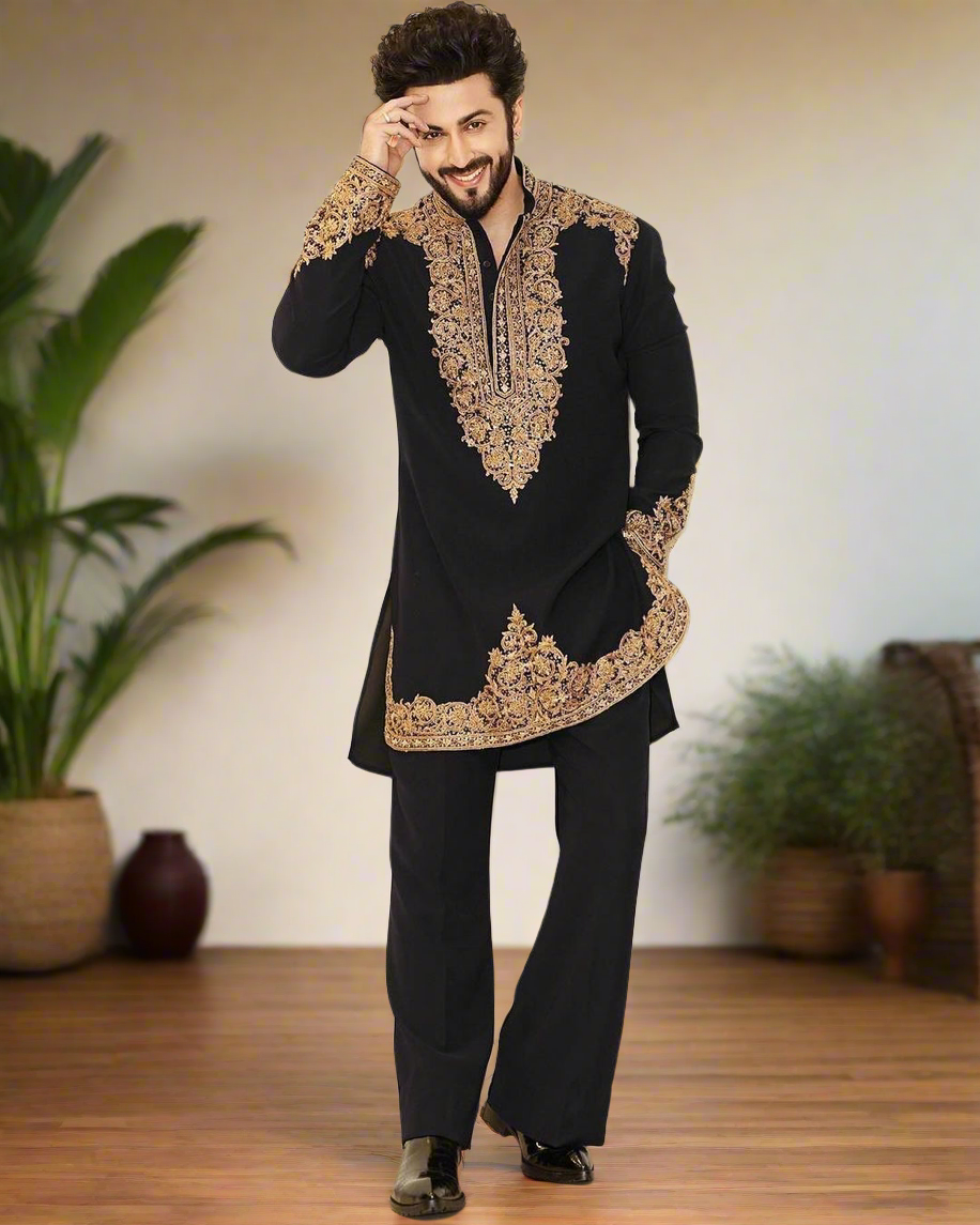 Men's handcrafted black kurta with zardozi embroidery and stylish pants.