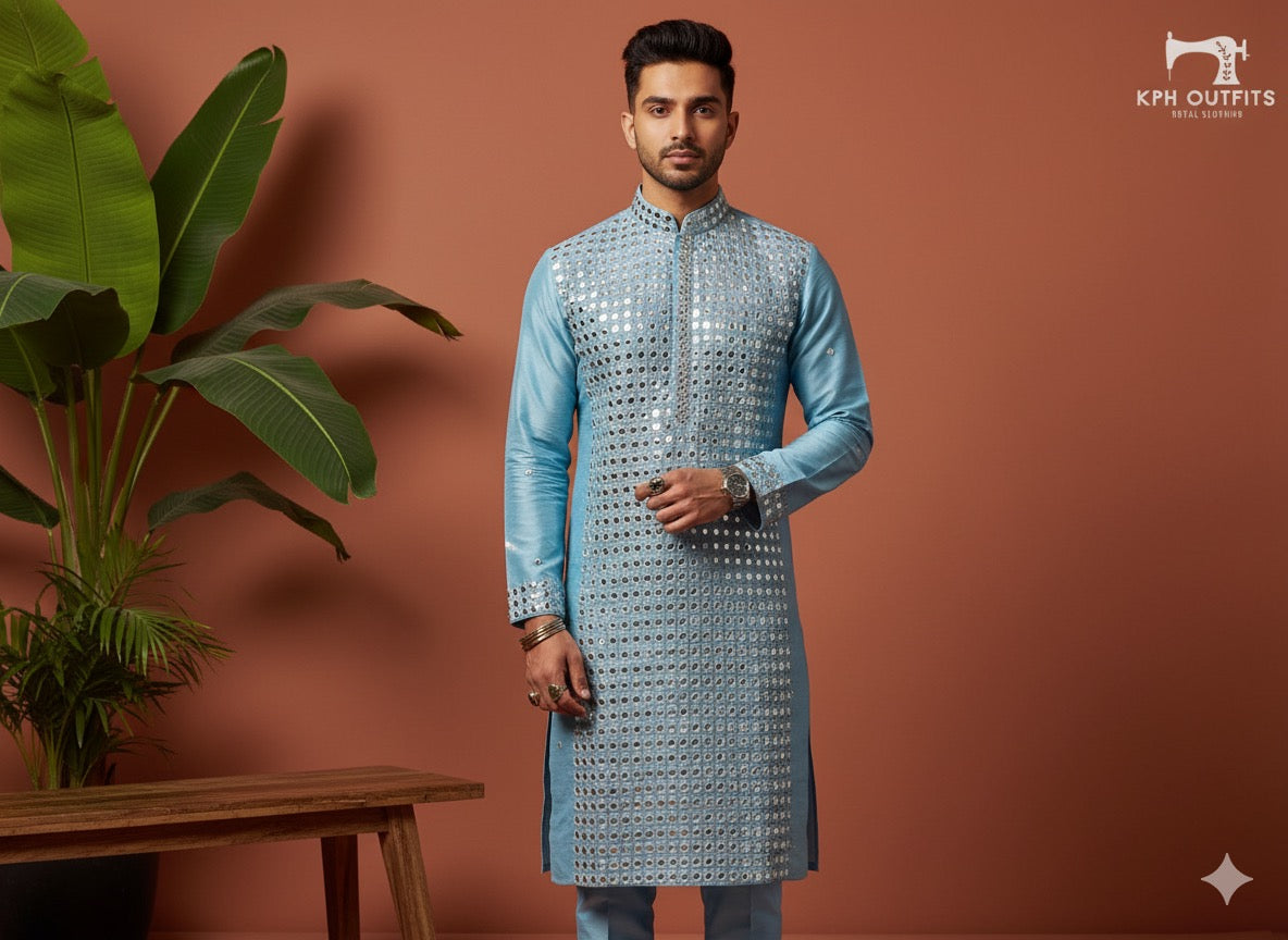 Sky blue kurta set with handcrafted fake mirror work – KPH Outfits