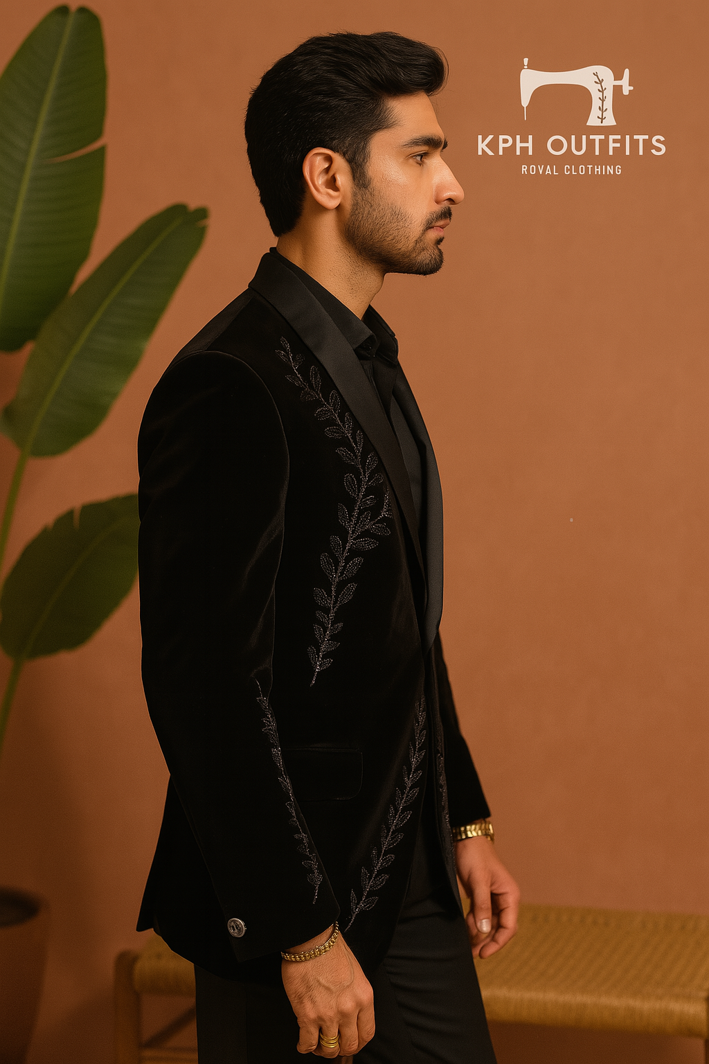 A photograph of a man in a stylish tuxedo, emphasizing the quality of the velvet fabric and the overall craftsmanship.

