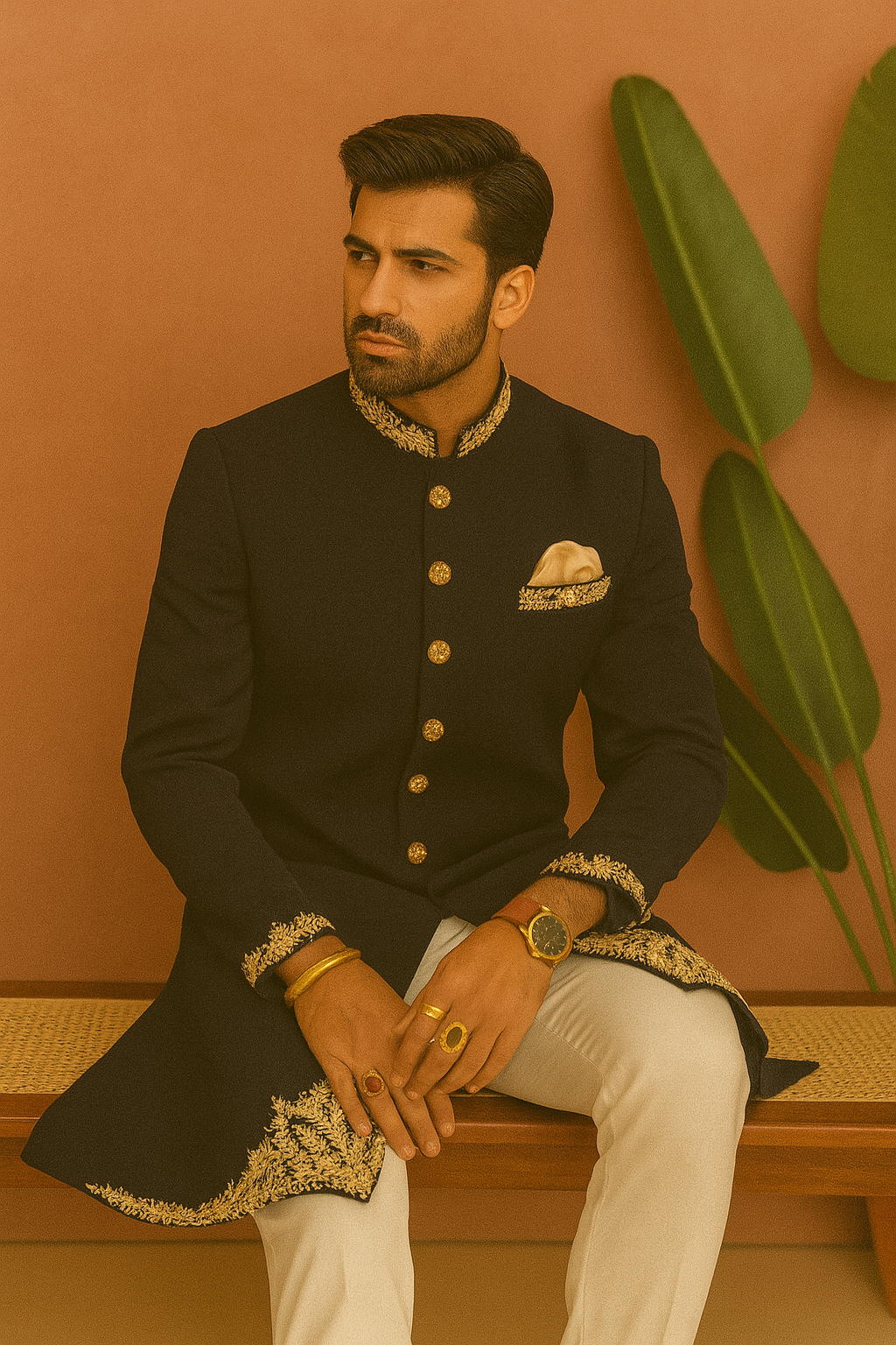 A photograph of a man in a stylish bundi set, highlighting the quality of the fabric and the unique design.


