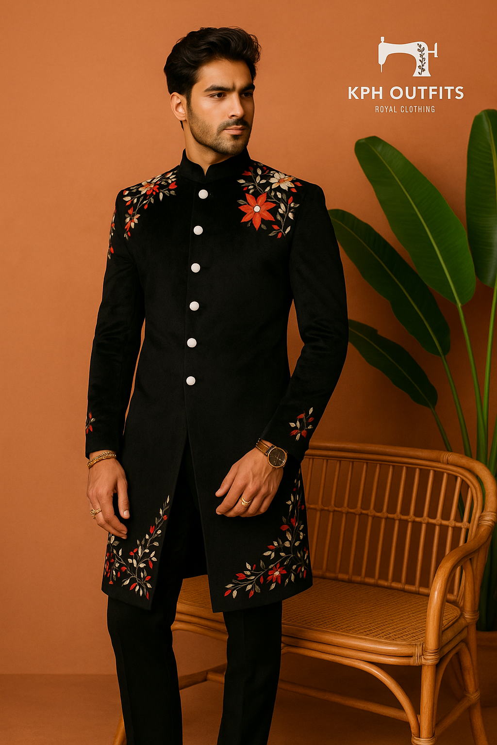 Men's Black Velvet Handcrafted Sherwani with Thread Embroidery – Timeless Groom Wear by KPH Outfits