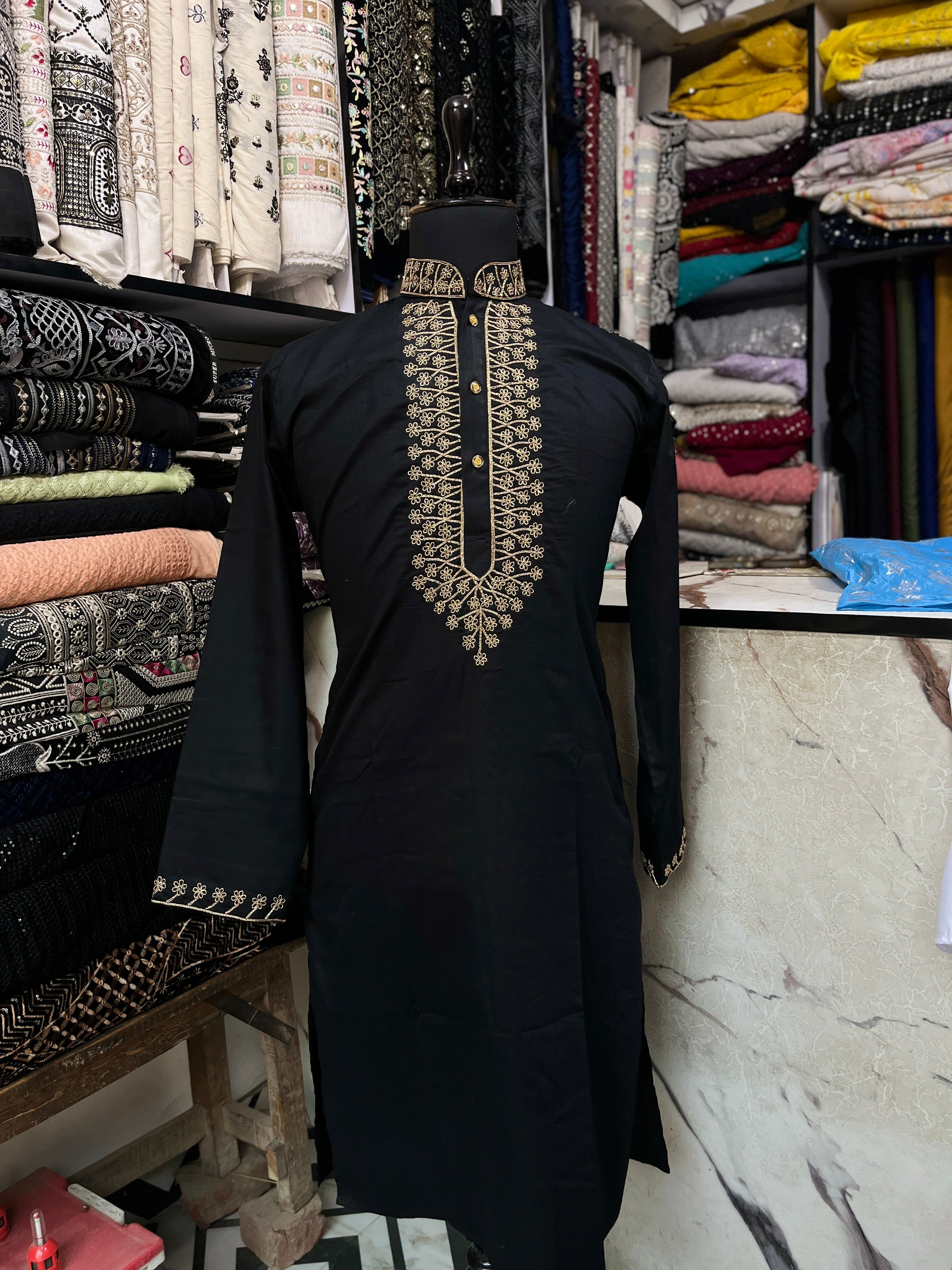 Men's Black Handcrafted Neck Design Kurta Set