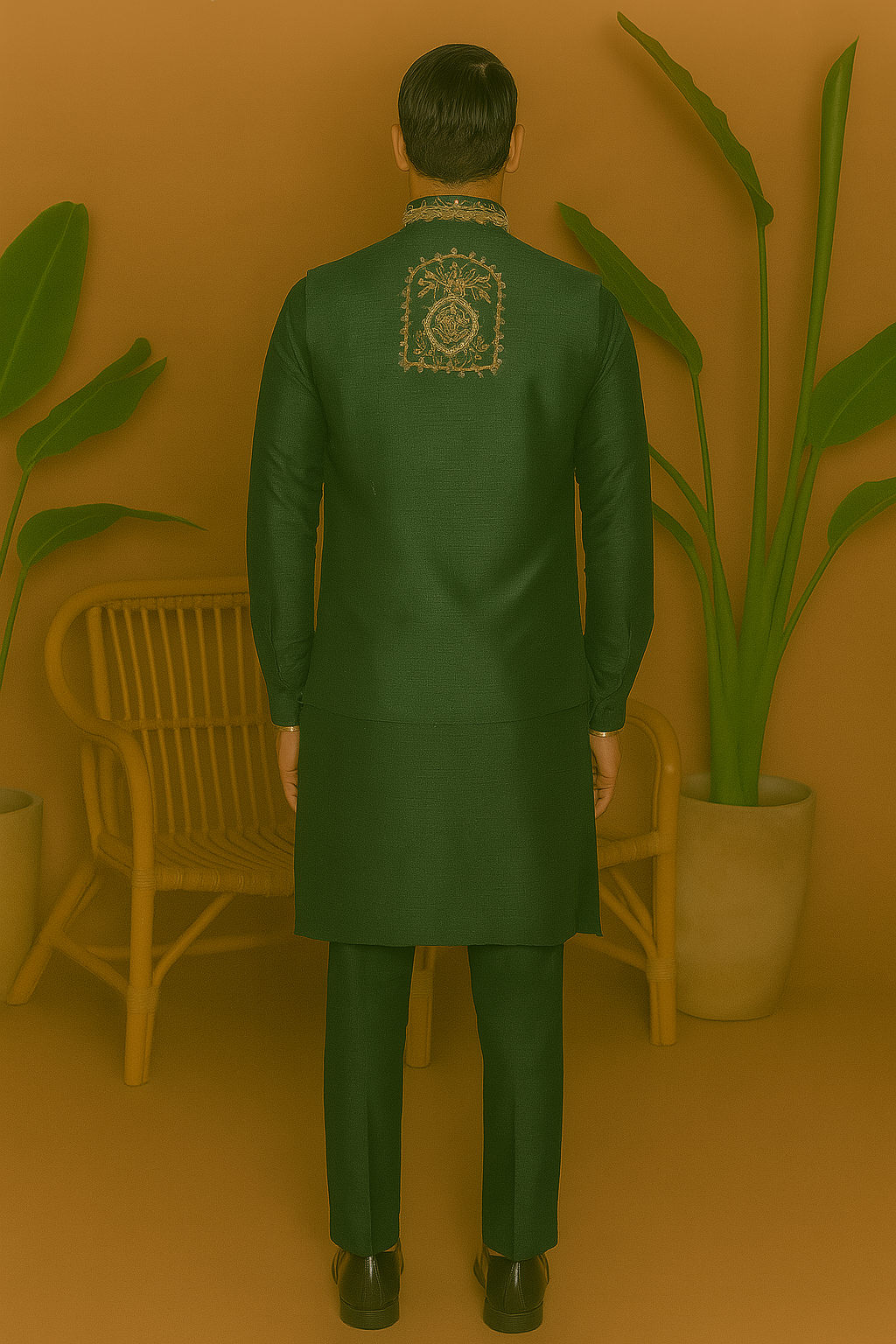 Pakistani Style Green Zardosi Embellished Silk Nehru Jacket Set